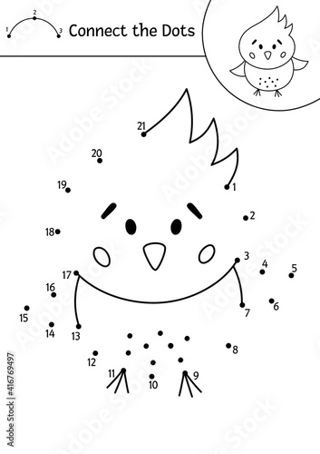 Vector Easter dot-to-dot and color activity with cute chicken. Spring holiday connect the dots game for children with traditional bird. Funny adorable coloring page for kids. .