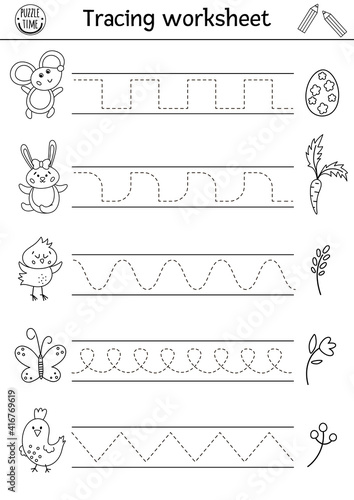 Vector Easter handwriting practice worksheet. Spring printable black and white activity for pre-school children. Educational tracing game for writing skills with cute animals and traditional treats.
