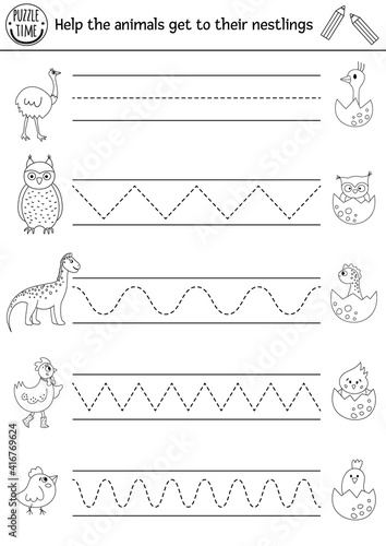 Vector Easter or mother day handwriting practice worksheet. Spring printable black and white activity for pre-school children. Tracing game for writing skills with cute animals and their babies.