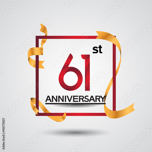 61 anniversary design with red color in square and golden ribbon isolated on white background for celebration event and special moment