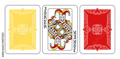 A playing card Joker and reverse or back of cards in red, yellow and black from a new modern original complete full deck design. Standard poker size.