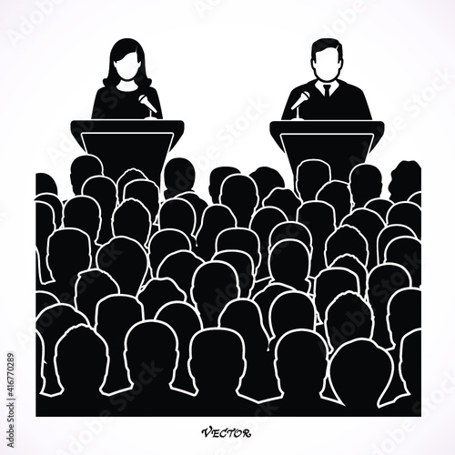 Speaker woman and man at conference and presentation. Audience at the conference hall