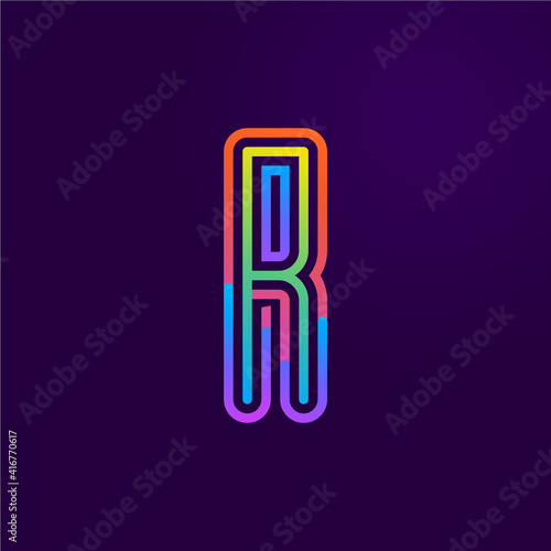 Neon light R letter line logo.