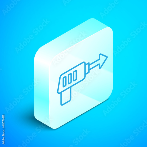 Isometric line Fishing harpoon icon isolated on blue background. Fishery manufacturers for catching fish under water. Diving underwater equipment. Silver square button. Vector.