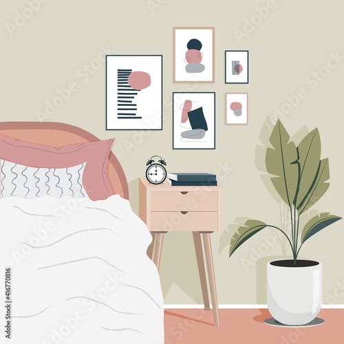 Modern flat poster with pink cozy bedroom design on white background. Cozy modern scandinavian interior. Contemporary wall decor. Interior design living room. Modern style bedroom design