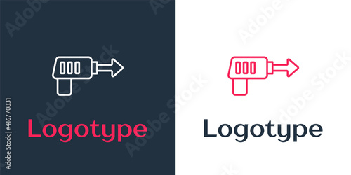 Logotype line Fishing harpoon icon isolated on white background. Fishery manufacturers for catching fish under water. Diving underwater equipment. Logo design template element. Vector.