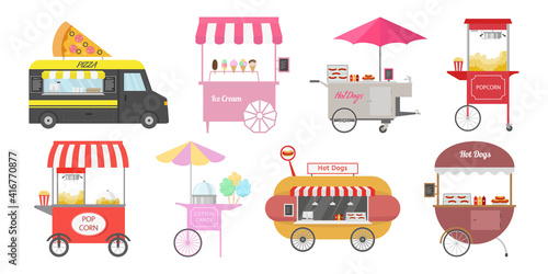 Set of different street food carts.
