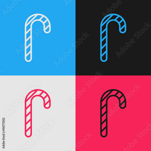 Pop art line Christmas candy cane with stripes icon isolated on color background. Merry Christmas and Happy New Year. Vector.