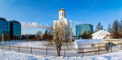 Assumption Church and bell tower on Malaya Okhta. St. Petersburg. Russia