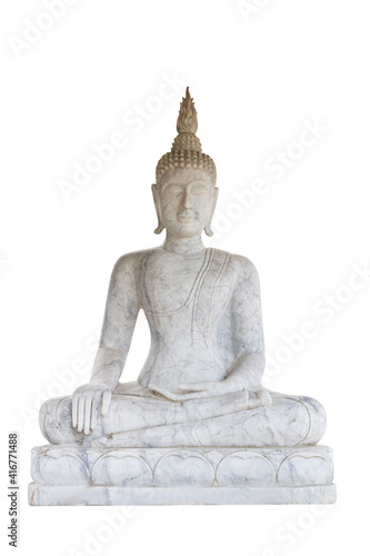 Marble statue of Buddha sitting in meditation isolated on white background.