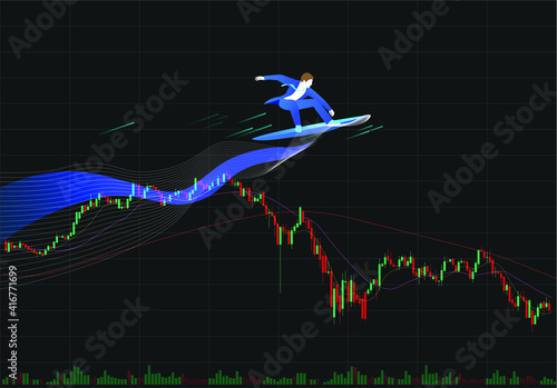 Trader riding graph wave on board. Concept business. forex trading graph with candlestick chart suitable for financial investment.