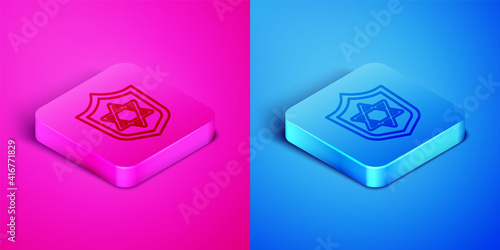Isometric line Shield with Star of David icon isolated on pink and blue background. Jewish religion symbol. Symbol of Israel. Square button. Vector.