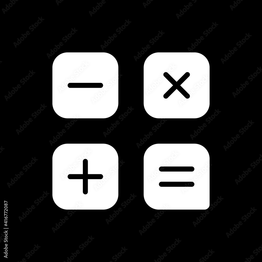 Calculator app dark mode glyph icon. Arithmetic operations. Performing calculations. Smartphone UI button for application. White silhouette symbol on black space. Vector isolated illustration Calculator app dark mode glyph icon. Arithmetic operations. Performing calculations. Smartphone UI button for application. White silhouette symbol on black space. Vector isolated illustration