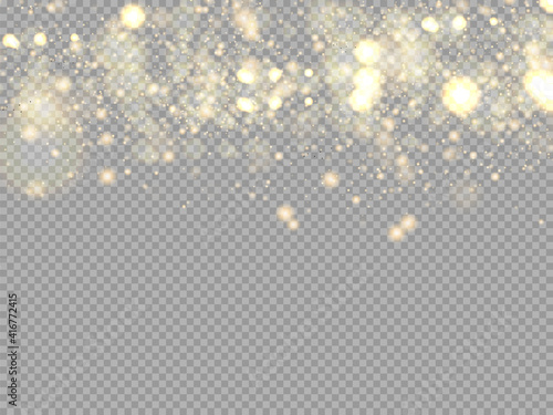 The dust is yellow. yellow sparks and golden stars shine with special light. Vector sparkles on a transparent background. Christmas light effect. Sparkling magical dust particles.