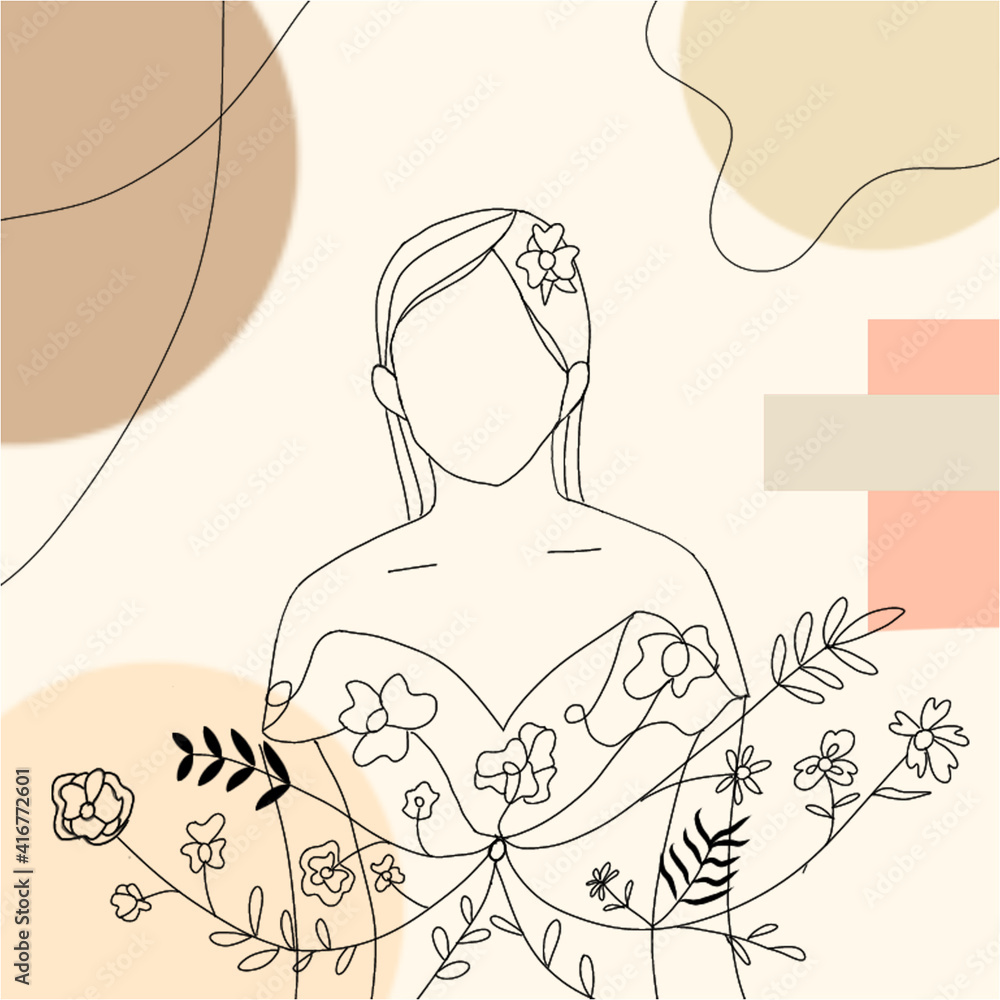 Line Art Illustration of Lady in Dress Covered with Aesthetic Flowers and Leaves Line Art Illustration of Lady in Dress Covered with Aesthetic Flowers and Leaves