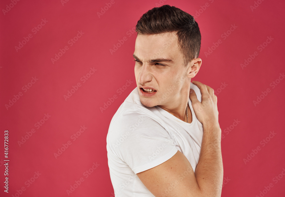 emotional man white t-shirt cropped view discontent red background emotional man white t-shirt cropped view discontent red background