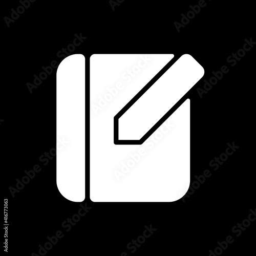 Notebook app dark mode glyph icon. Taking text notes. Adding images, tasks on checklists. Smartphone UI button. White silhouette symbol on black space. Vector isolated illustration