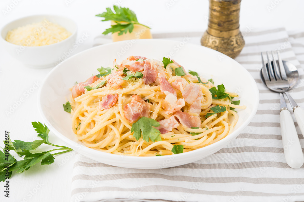 Spaghetti carbonara with bacon-traditional Italian dish