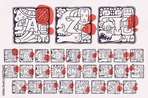 Aztec style initial alphabet. Native American font with warrior, conqueror, skull, vulture, and leopard faces.
