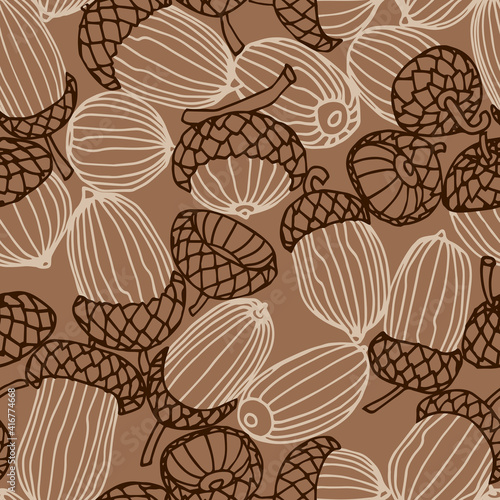 abstract seamless pattern of a set of oak acorns  for backdrops designs  textiles  fabrics  vector illustration with colored contour lines on a brown background in doodle and hand drawn style