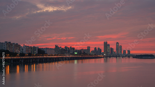 Beautiful sunset in Seoul over the Han River in South Korea.