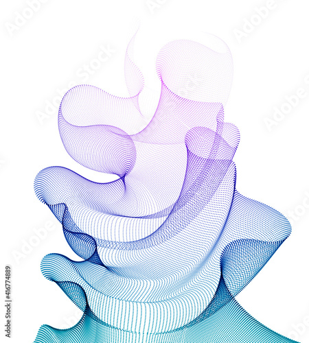 3d particles mesh array, sound wave flowing, transparent tulle textile on wind. Round points vector effect illustration. Blended mesh, calming relaxing wallpaper.