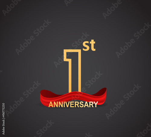 1 anniversary logotype design with line golden color and red ribbon isolated on dark background can be use for celebration, greeting card and special moment event