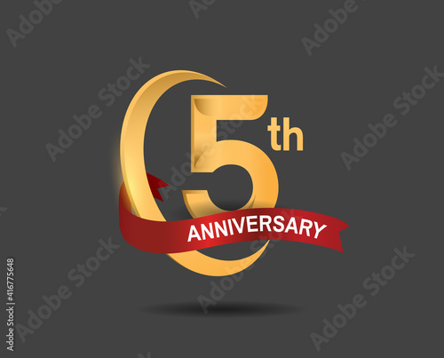 5 anniversary design logotype golden color with ring and red ribbon for celebration, greeting card, invitation and special event