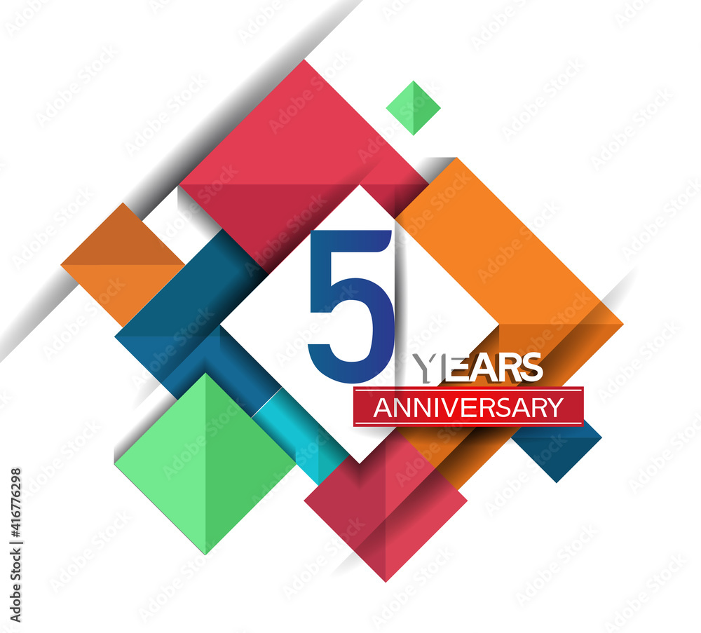 5 years anniversary design colorful square style isolated on white background can be use for invitation, party, and celebration event 5 years anniversary design colorful square style isolated on white background can be use for invitation, party, and celebration event