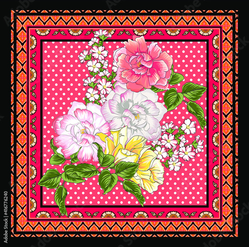 Floral scarf with roses, flowers and leaves in design with decorated frames and borders, for textiles and decoration