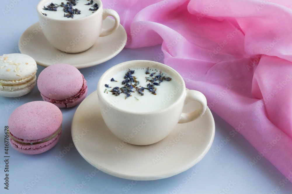 Still life in blue-pink colors: lavender, milk, cake Still life in blue-pink colors: lavender, milk, cake