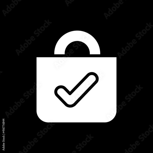 Buy dark mode glyph icon. Purchased products in online shops. Smart shopping system. Phone screen menu element. Smartphone UI. White silhouette symbol on black space. Vector isolated illustration