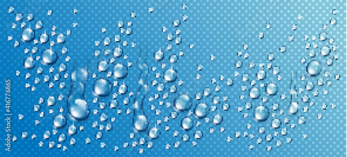 Water rain drops or condensation in shower realistic transparent 3d vector composition over transparency checker grid, easy to put over any background or use droplets separately.