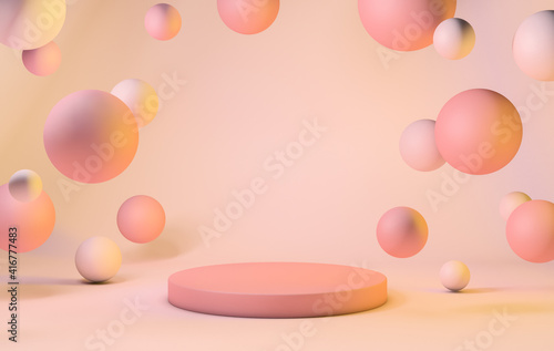 Podium on background with floating spheres  warm pastel tones