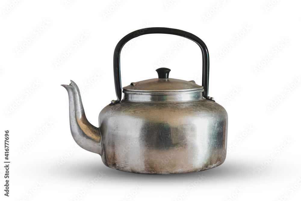 Aluminum tea pot kettle stove top isolated on white background.