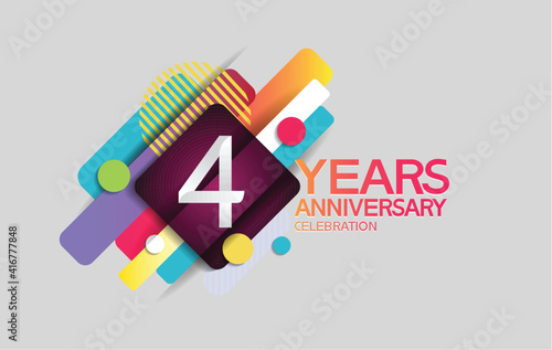 4 years anniversary colorful design with circle and square composition isolated on white background can be use for party, greeting card, invitation and celebration event