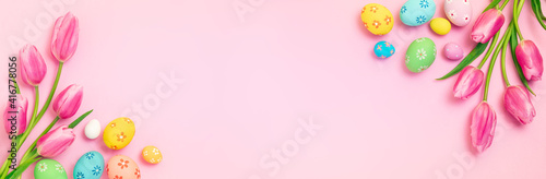 Easter - Decorated Eggs With Tulips On Pink Paper Background