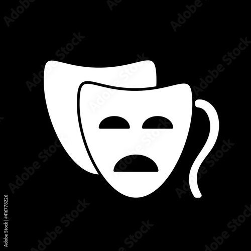 Drama dark mode glyph icon. Film and TV production. Common movie, classic theater. Television entertainment category. White silhouette symbol on black space. Vector isolated illustration