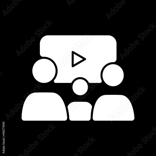 Family picture dark mode glyph icon. Parents with children watch film at cinema. Television entertainment category. White silhouette symbol on black space. Vector isolated illustration