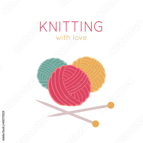 Ball of wool for knitting and knitting needles. Hand made, needlework. Knitting studio, workshop advertising design.