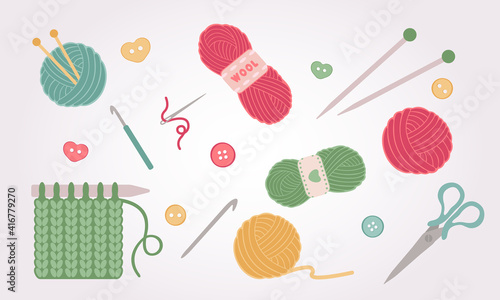 Yarn and threads colorful flat vector illustrations set. Needlework, tools for sewing and knitting collection.