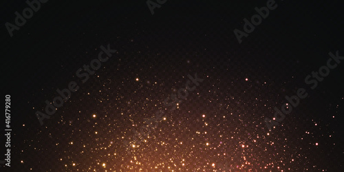 Christmas background. Powder dust light PNG. Magic shining gold dust. Fine, shiny dust bokeh particles fall off slightly. Fantastic shimmer effect. Vector illustrator.