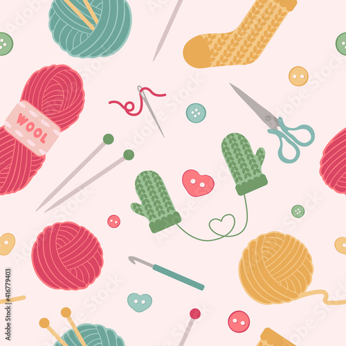 Knitting, crochet seamless pattern. Cute vector illustration of hand made equipment knit needle, buttons, wool, cotton skeins. Colored background for yarn tailor store.