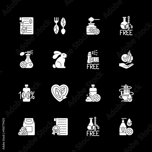 Natural cosmetic white glyph icons set for dark mode. No chemicals, dermatology products. Eco friendly product. Silhouette symbols on black background. Vector isolated illustration bundle