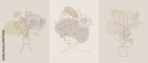 Abstract minimal line set. Woman face with flowing hair and flowers, for organic cosmetics and posters.