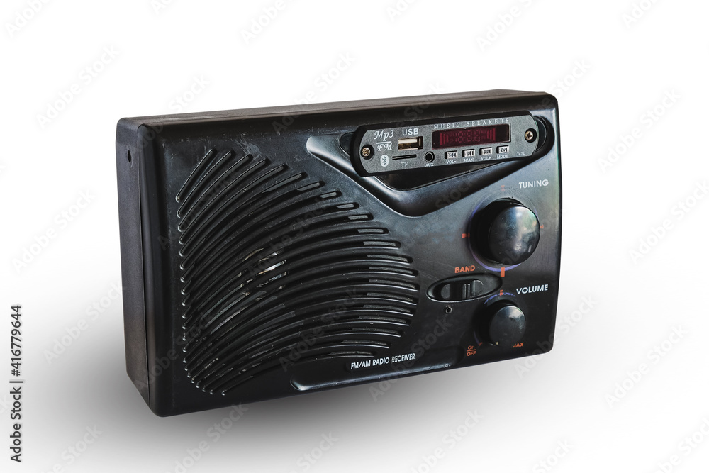 Fototapeta premium Diy mp3 player to old FM radio receiver on white background.