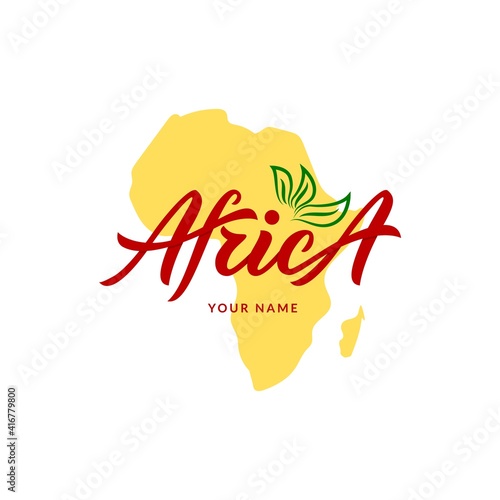 Company logo Africa with illustration of map, silhouette of continent. Outline green leaves. Hand calligraphy lettering. script. Vector design.