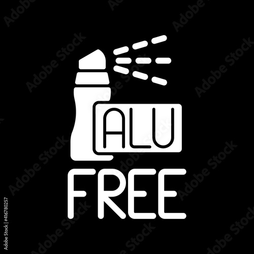 Aluminium free dark mode glyph icon. Natural cosmetics. Dermatology products. Deodorant spray. No chemicals in beauty product. White silhouette symbol on black space. Vector isolated illustration