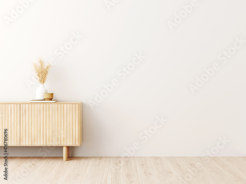 Living room interior wall mockup in minimalist Japandi style with light biege wooden console and dried pampas grass decor on empty warm white background. 3d rendering, 3d illustration.