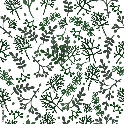Seamless pattern green leaves, herbs, and berries. Vector doodle pictures, stylized grass in different shades of green. Stock illustration.